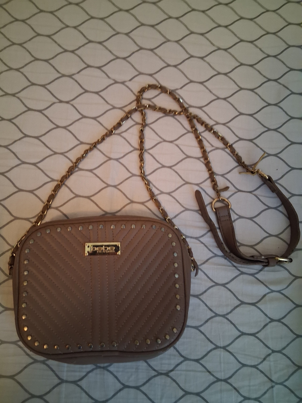 bebe Taupe Quilted Crossbody with Gold Chain and Studs